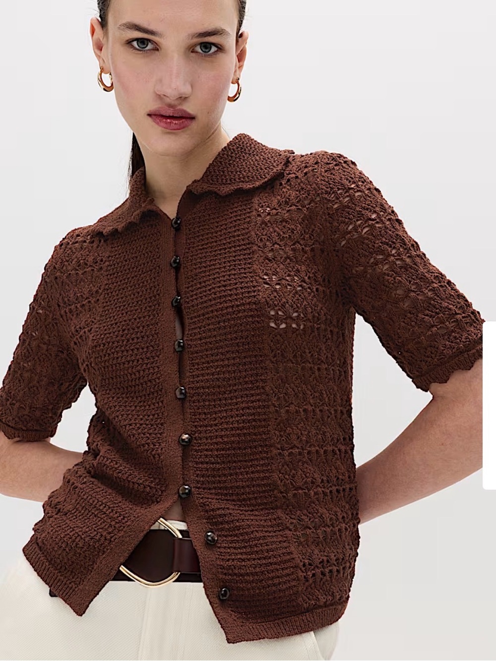 Marks & Spencer Brown Crochet Button-Down Short Sleeve Top
